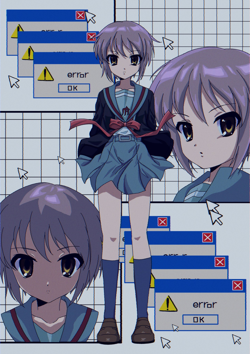 1girl belt black_cardigan black_socks blue_belt blue_sailor_collar blue_skirt brown_eyes brown_footwear cardigan closed_mouth collarbone cursor error_message expressionless hair_between_eyes highres kita_high_school_uniform kneehighs loafers long_sleeves multiple_views nagato_yuki open_cardigan open_clothes purple_hair red_ribbon ribbon sailor_collar school_uniform serafuku shoes short_hair skirt socks suzumiya_haruhi_no_yuuutsu taka_na winter_uniform