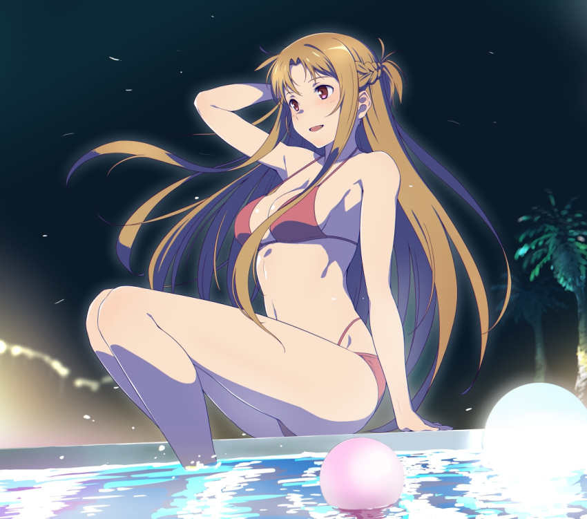 1girl alternate_costume arm_up asuna_(sao) bikini braid breasts brown_eyes brown_hair commentary_request floating_hair french_braid long_hair medium_breasts navel night night_sky open_mouth outdoors palm_tree partially_submerged pool puge red_bikini short_ponytail sky smile solo swimsuit sword_art_online tree very_long_hair