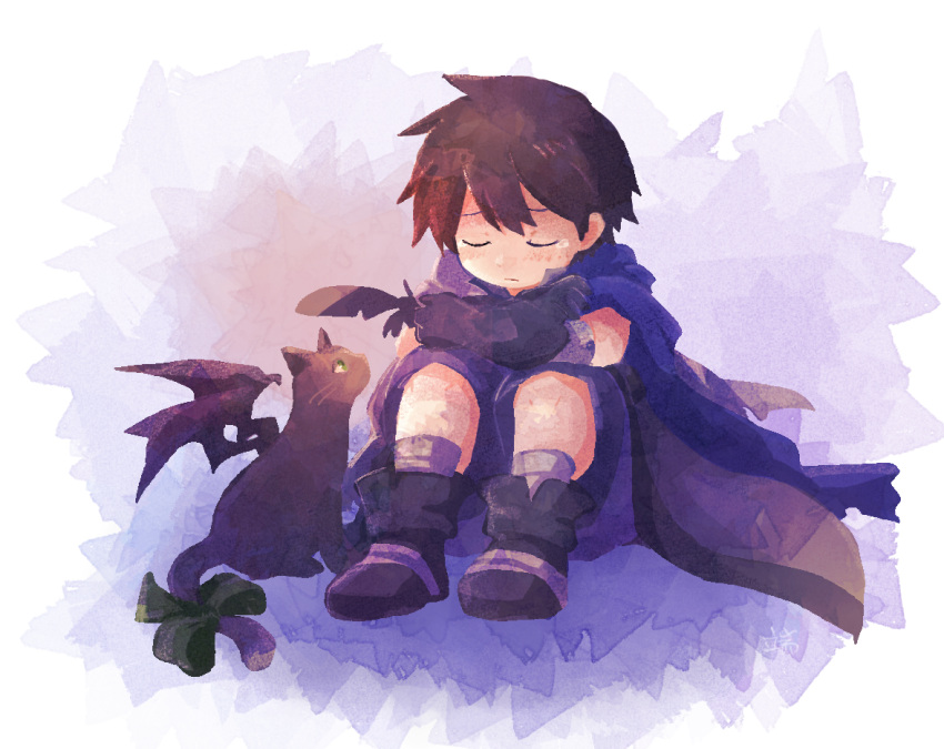 1boy arms_on_knees bandaged_ankle bandaged_wrist bandages bat_wings black_cat black_feathers black_gloves blue_background blue_cape boots bow brown_hair cape cat closed_eyes ecthel_(riviera) feathers gloves green_bow green_eyes hashino_ami holding holding_feather riviera rose_(riviera) sad short_hair shorts single_feather sitting tail tail_bow tail_ornament tearing_up whiskers wings