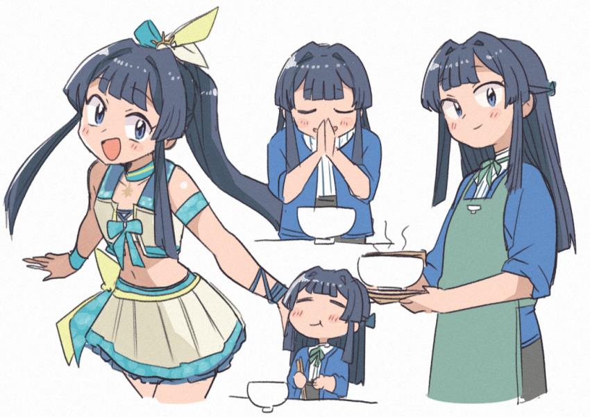 1girl :d apron black_hair blue_eyes blush chibi chopsticks closed_eyes eating green_apron hair_intakes holding holding_chopsticks idol_clothes idolmaster idolmaster_million_live! long_hair mogami_shizuka multiple_views navel own_hands_together simple_background skirt smile steam tsubobot white_background