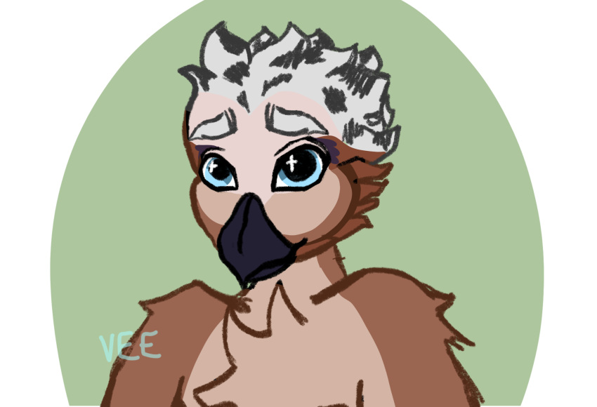 animal_humanoid anthro avian avian_humanoid bird blue_eyes chest_tuft corvid cute_expression cute_eyes eurasian_jay hi_res humanoid jacob_(theansweringanimal) jay_(bird) looking_up male old_world_jay oscine passerine potrait simple_background solo tuft vee_(artist)