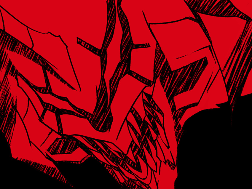 biomechanical black_background byneet close-up devilman devilman_crybaby eva_01 hatching_(texture) horns mecha monochrome neon_genesis_evangelion open_mouth red_theme robot sharp_teeth single_horn super_robot teeth