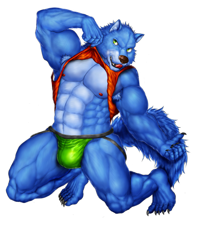 2020 5_fingers 5_toes abs absurd_res anthro areola biceps big_muscles biped black_claws blue_body blue_fur bulge canid canine canis claws clothed clothing clothing_lift digital_media_(artwork) feet finger_claws fingers fur green_clothing green_eyes green_jockstrap green_underwear hi_res jockstrap looking_away male mammal muscular muscular_anthro muscular_male muscular_thighs navel nipples nude overshoot paws pecs quads red_clothing red_shirt red_tank_top red_topwear shirt shirt_lift simple_background solo tail tank_top teeth toe_claws toes tongue topwear underwear white_background wolf