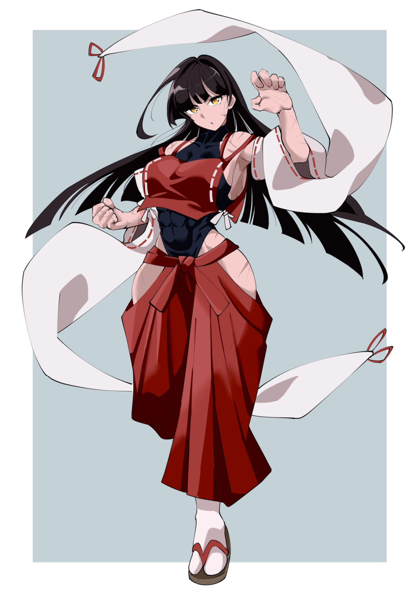 1girl bare_shoulders black_hair black_leotard breasts clenched_hand commentary_request detached_sleeves fighting_stance fugaku_(miko_no_miyatsuguchi) full_body hakama highres hip_vent japanese_clothes large_breasts leotard long_hair looking_at_viewer m.u.g.e.n multiple_scars muscular muscular_female red_hakama ribbon-trimmed_sleeves ribbon_trim sandals scar scar_on_arm scar_on_cheek scar_on_face scar_on_hand scar_on_leg scar_on_shoulder sendai_hakurei_no_miko socks solo standing standing_on_one_leg touhou white_socks wide_sleeves yellow_eyes