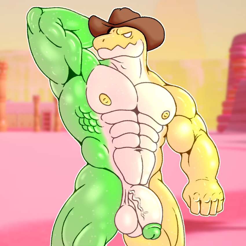 absurd_res anthro balls candy clothing cowboy cowboy_hat crocodile crocodilian crocodylid dessert food food_creature genitals gummigoo_(the_amazing_digital_circus) gummy_(food) gummy_creature hand_behind_head hat headgear headwear hi_res living_candy male muscular muscular_male nude nude_male penis posstype raised_arm reptile saggy_balls scalie solo the_amazing_digital_circus vein veiny_penis