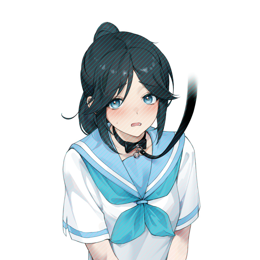 1girl bdsm bell black_hair blue_eyes blue_neckerchief blush collarbone hibike!_euphonium highres jingle_bell kasaki_nozomi kitauji_high_school_uniform leash liz_to_aoi_tori looking_at_viewer medium_hair mian_li neckerchief open_mouth ponytail school_uniform simple_background solo sweatdrop white_background