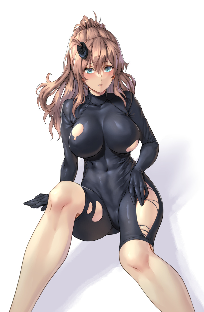 1girl aqua_eyes blush bodystocking breasts brown_hair commentary_request covered_navel feet_out_of_frame hair_ornament highres kantai_collection kokuzou large_breasts long_hair looking_at_viewer parted_lips ponytail saratoga_(kancolle) shadow sitting solo thighs torn_bodystocking torn_clothes white_background