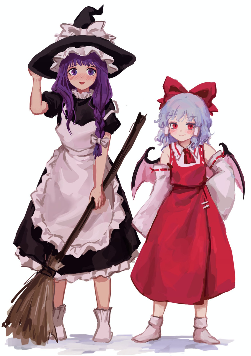 2girls apron ascot bat_wings black_dress blue_hair blush bow braid broom collared_shirt commentary cosplay detached_sleeves dress embodiment_of_scarlet_devil english_commentary frilled_dress frilled_headwear frills full_body hair_bow hair_tubes hakurei_reimu hakurei_reimu_(cosplay) hand_on_own_hip hat height_difference highres himuhino holding holding_broom kirisame_marisa kirisame_marisa_(cosplay) long_hair looking_at_viewer medium_hair multiple_girls nose_blush patchouli_knowledge purple_eyes purple_hair red_ascot red_eyes red_skirt remilia_scarlet shirt short_sleeves side_braid simple_background single_braid skirt smile socks strap_slip touhou white_apron white_background white_bow white_sleeves white_socks wings witch_hat