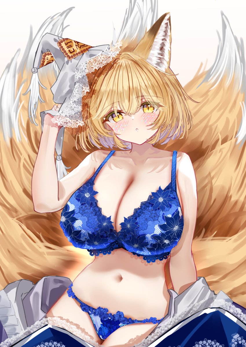 1girl animal_hat blonde_hair blue_bra bra breasts cleavage collarbone commentary_request fox_girl hat highres kitsune kyuubi lace-trimmed_bra lace-trimmed_panties lace_trim large_breasts looking_at_viewer multiple_tails panties sarasadou_dan simple_background slit_pupils solo tail touhou underwear white_background yakumo_ran yellow_eyes