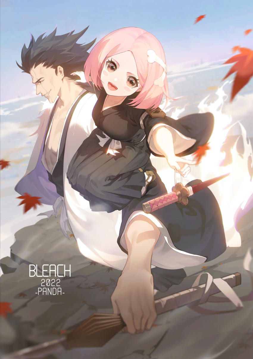 1boy 1girl absurdres belt black_eyes black_hair black_hakama black_kimono bleach child hakama highres holding holding_sword holding_weapon japanese_clothes katana kimono kosode kusajishi_yachiru leaf maple_leaf medium_hair outdoors pink_hair scar scar_across_eye scar_on_face shihakusho short_hair sky sword weapon white_belt white_haori wind zaraki_kenpachi zm-panda-