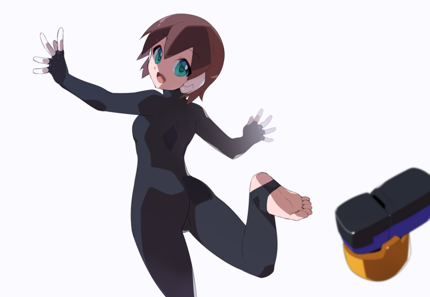 1girl aile_(mega_man_zx) black_bodysuit blue_footwear bodysuit breasts brown_hair collarbone commentary_request from_behind green_eyes kaidou_zx looking_back mega_man_(series) mega_man_zx removing_shoes robot_ears short_hair simple_background small_breasts white_background