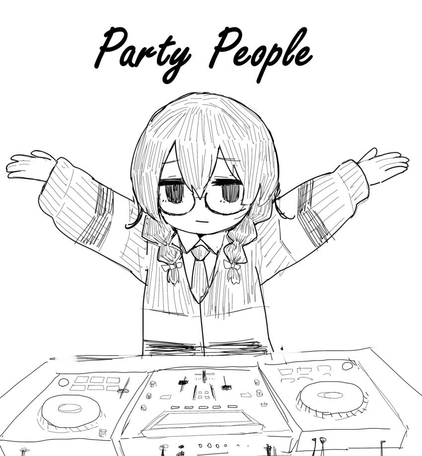 1girl :| black-framed_eyewear blazer braid cevio closed_mouth collared_shirt english_text flimflam glasses hair_between_eyes hanakuma_chifuyu hands_up highres jacket long_hair long_sleeves monochrome necktie shirt side_braids simple_background sketch solo table turntable white_background