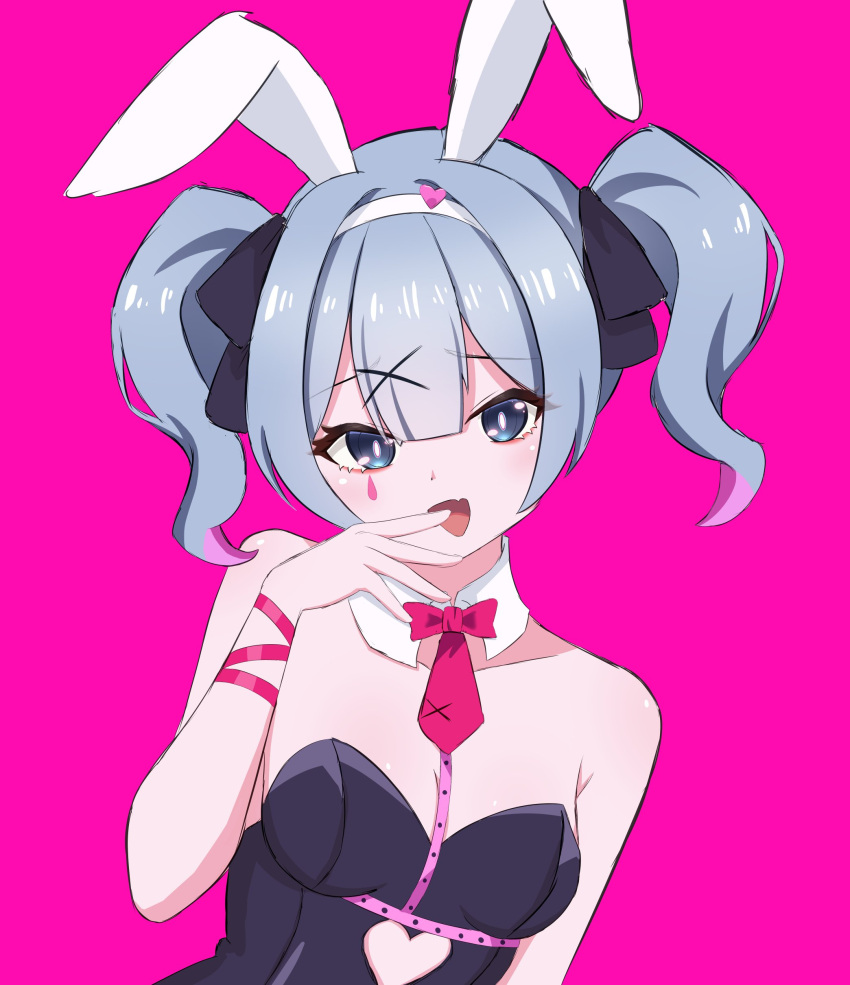 1girl :d absurdres animal_ears bare_shoulders black_leotard black_ribbon blue_eyes blue_hair blush bow bowtie breasts clothing_cutout davidsuzu detached_collar fake_animal_ears hair_ribbon hand_on_own_face hatsune_miku highres leotard medium_breasts open_mouth pink_background playboy_bunny rabbit_ears rabbit_hole_(vocaloid) red_bow red_bowtie ribbon short_hair short_twintails sidelocks simple_background smile solo stomach_cutout teardrop_facial_mark twintails vocaloid