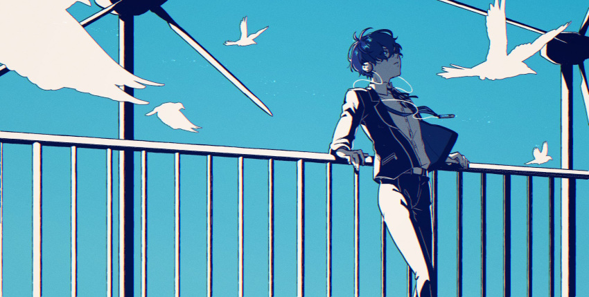 1boy against_railing bird black_jacket black_pants blue_eyes blue_hair blue_sky clear_sky collared_shirt day earbuds earphones feet_out_of_frame hair_between_eyes highres jacket leaning_back limited_palette looking_up male_focus open_clothes open_jacket outdoors pants parted_lips persona persona_3 railing school_uniform shirt short_hair sidelocks sky solo twfm white_shirt wind_turbine yuuki_makoto_(persona_3)