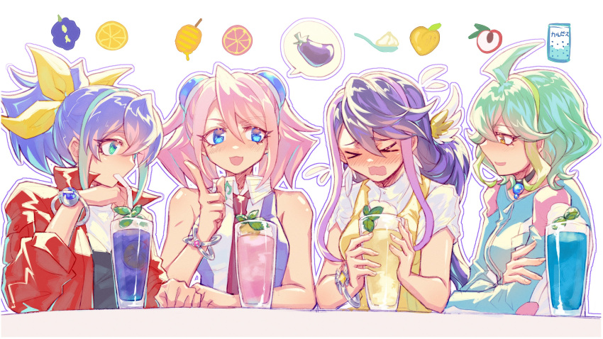 &gt;_&lt; 4girls absurdres ahoge blue_eyes blue_hair blush bracelet breasts brown_eyes commentary_request cup drinking_glass drinking_straw earrings eyelashes green_eyes green_hair hair_ornament hair_ribbon high_ponytail highres hiiragi_yuzu jacket jewelry kurosaki_ruri long_hair medium_breasts monitor_(udoshiyo) multiple_girls musical_note open_clothes open_jacket pink_hair purple_hair red_jacket ribbon rin_(yu-gi-oh!) serena_(yu-gi-oh!) shirt short_hair sleeveless sleeveless_shirt twintails upper_body yu-gi-oh! yu-gi-oh!_arc-v