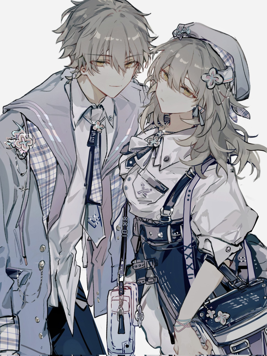 1boy 1girl bag beret blue_skirt bow bowtie caelus_(honkai:_star_rail) closed_mouth collared_shirt cowboy_shot fashion grey_hair grey_headwear grey_jacket grey_necktie hair_between_eyes handbag hat highres honkai:_star_rail honkai_(series) jacket long_hair long_sleeves looking_at_viewer mulihaohao necktie open_clothes open_jacket plaid plaid_jacket plaid_necktie puffy_short_sleeves puffy_sleeves school_uniform shirt short_hair short_sleeves simple_background skirt smile stelle_(honkai:_star_rail) suspender_skirt suspenders trailblazer_(honkai:_star_rail) two-sided_fabric two-sided_jacket white_background white_bow white_bowtie white_shirt yellow_eyes