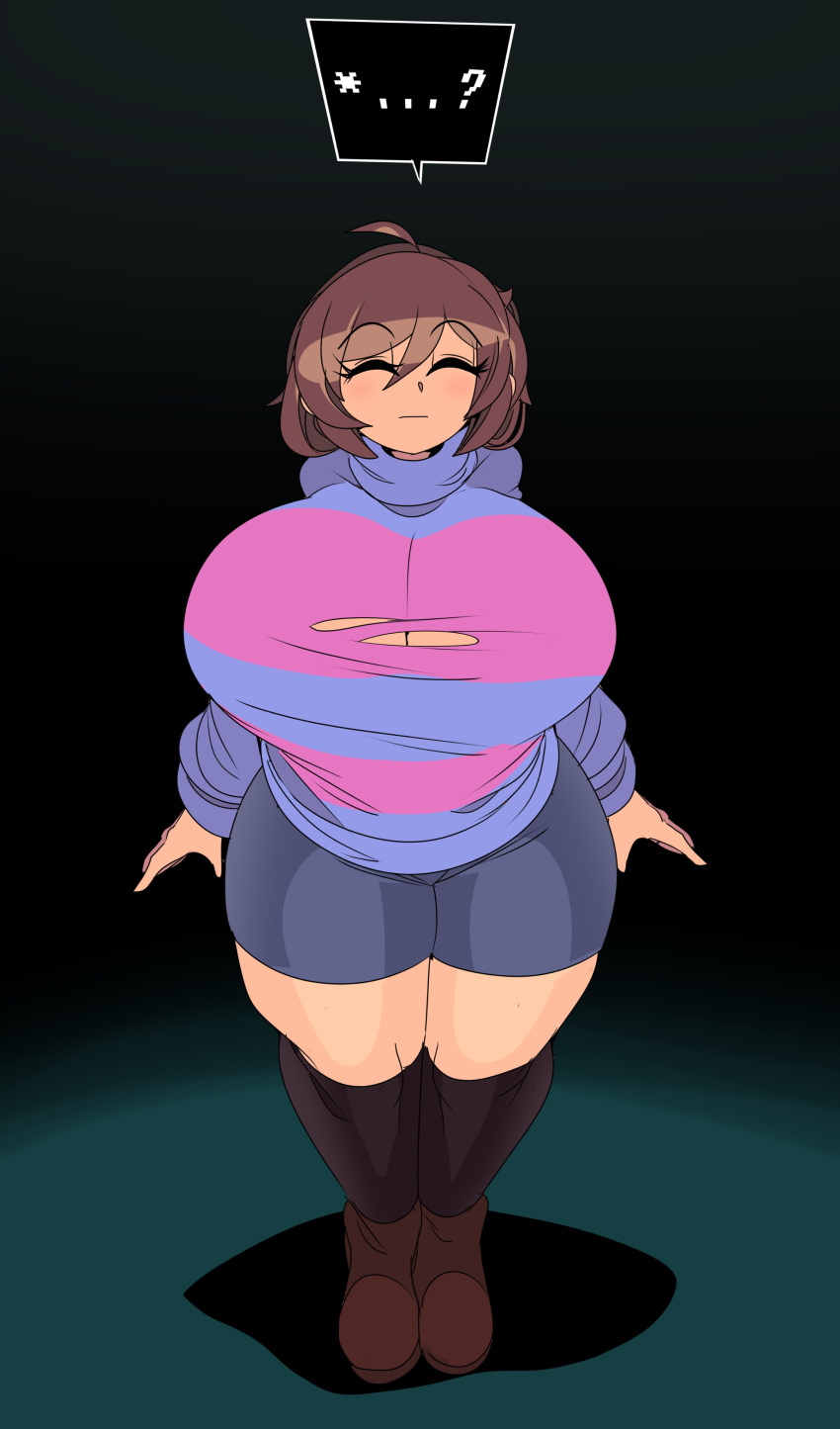 1girl ? absurdres breasts brown_footwear brown_hair captain_kirb closed_eyes frisk_(undertale) highres huge_breasts short_hair shorts solo spoken_question_mark striped_clothes striped_sweater sweater undertale