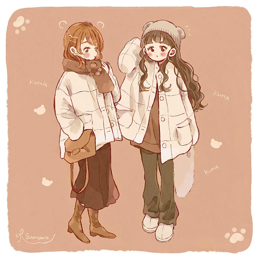 2girls alternate_costume animal_ear_headwear animal_print artist_name beanie bear_print blush brown_hair brown_scarf casual full_body fur_bag hat highres hojo_karen idolmaster idolmaster_cinderella_girls jacket kamiya_nao looking_at_viewer multiple_girls orange_hair paw_print romaji_text scarf signature sumomo_030102 white_jacket