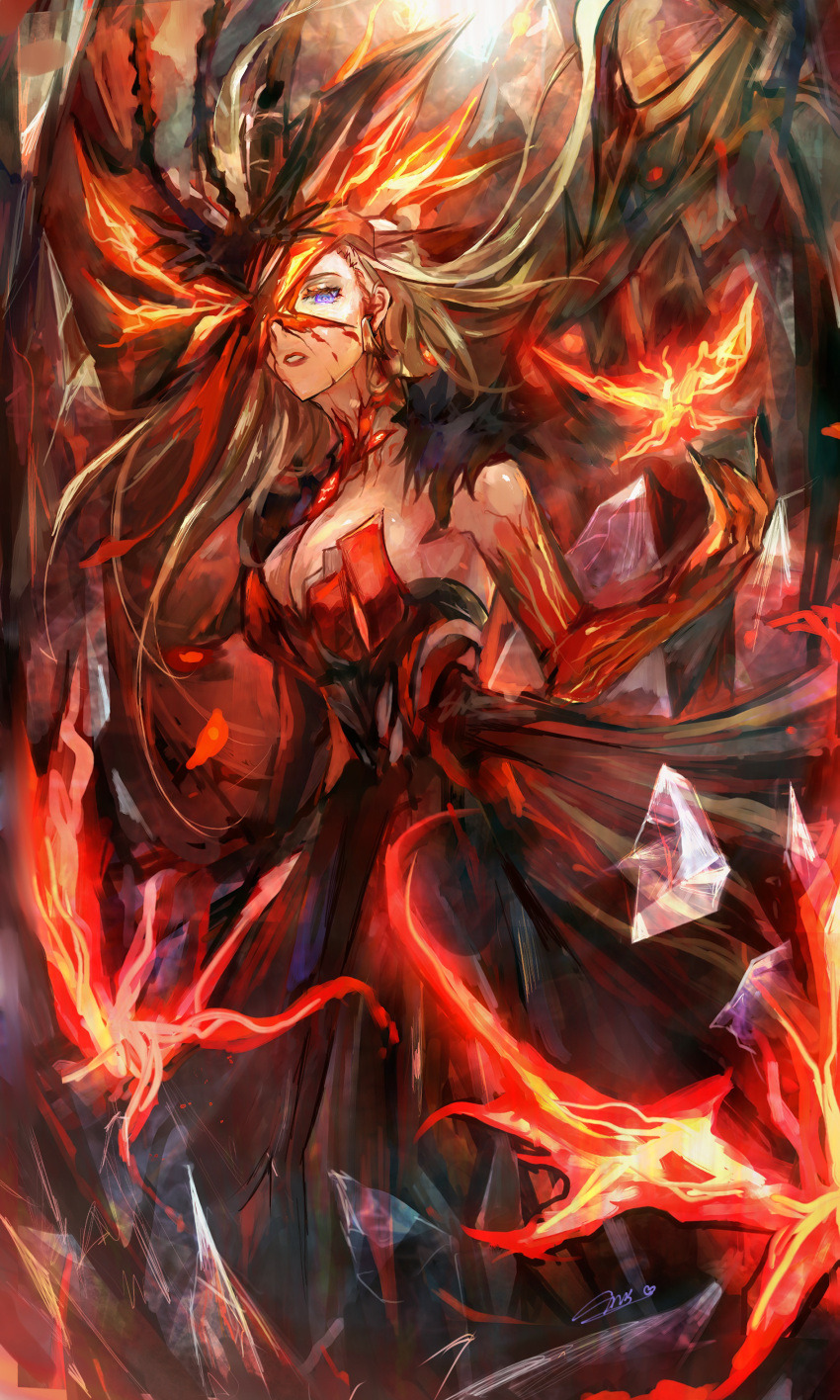 1girl absurdres bare_shoulders black_nails blonde_hair blue_eyes breasts crimson_lotus_moth_(genshin_impact) dress eye_mask fire frozen fur_trim genshin_impact highres large_breasts long_hair looking_at_viewer mask mask_over_one_eye red_dress shiramigame signora_(crimson_witch_of_embers)_(genshin_impact) signora_(genshin_impact) solo