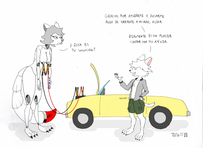 10ne-v alexa_(10ne-v) anthro battery big_breasts breasts canid canine canis car disappointed domestic_dog electricity female fox hi_res larger_female living_machine machine male male/female mammal nipple_chain nipple_clamp nipples nude outside robot size_difference smaller_male spanish_text text vehicle wire