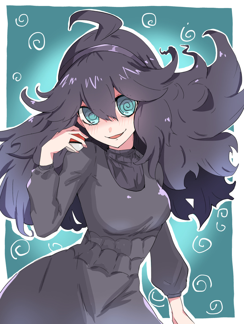 1girl @_@ absurdres ahoge black_hair blush breasts commentary_request dress green_eyes hair_between_eyes hairband hand_up hex_maniac_(pokemon) highres holding holding_poke_ball long_hair long_sleeves monmon_(monmon_k18) open_mouth poke_ball poke_ball_(basic) pokemon pokemon_xy smile solo