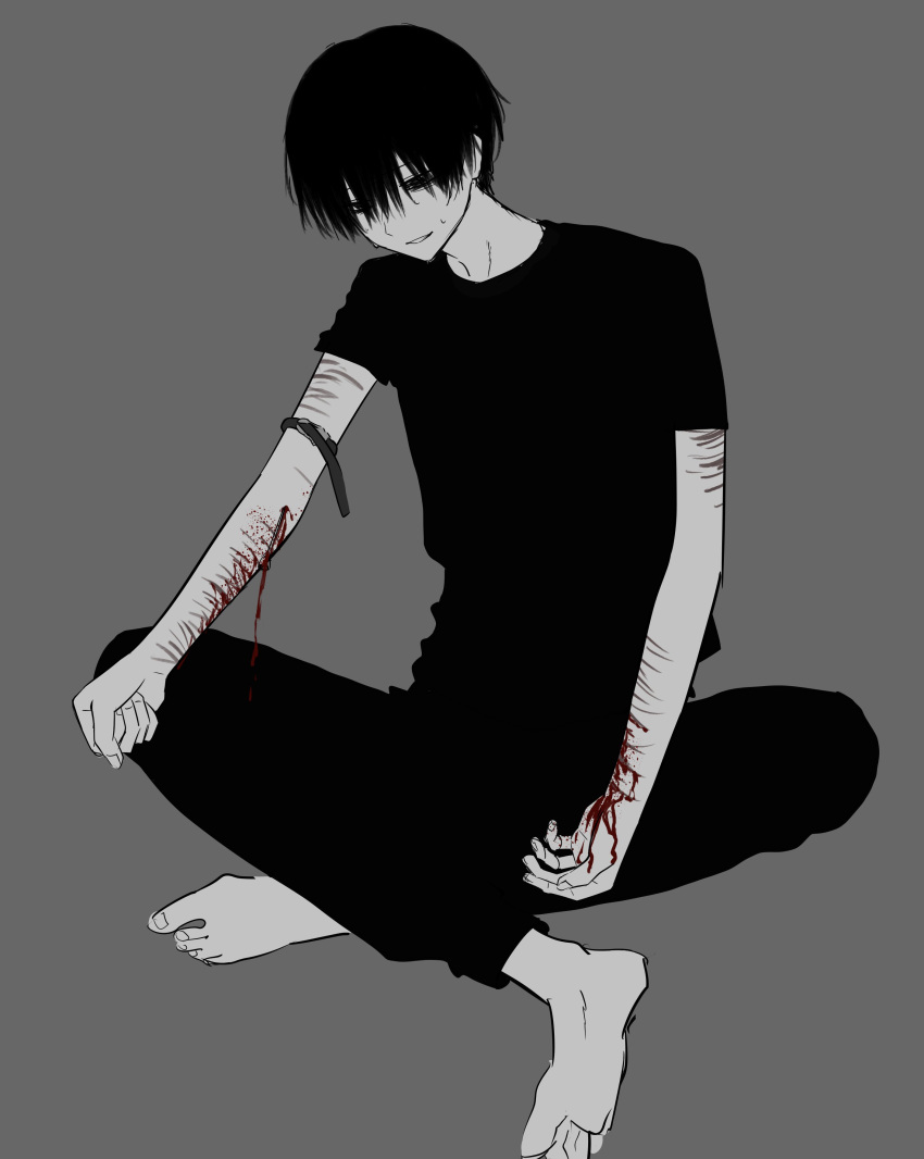 1boy absurdres barefoot black_eyes black_hair black_pants black_shirt blood blood_on_hands ear_piercing highres imai_akira limited_palette male_focus original pale_skin pants piercing self-harm shirt short_hair solo sweatdrop very_short_hair wrist_cutting