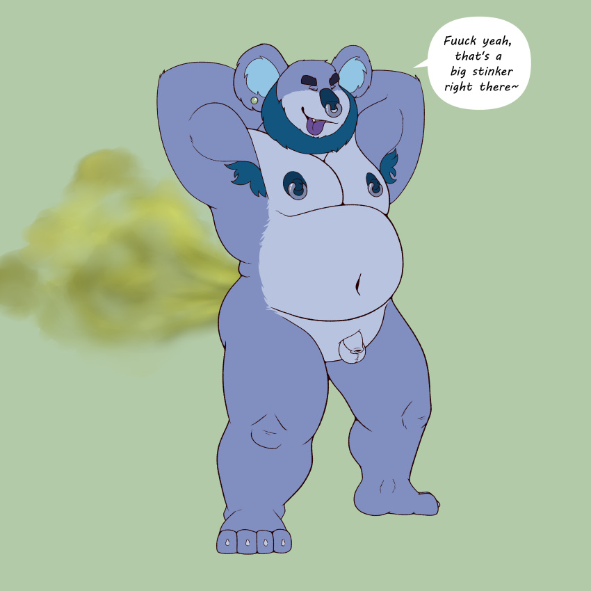 absurd_res anthro facial_piercing fart fart_cloud fart_fetish flaccid genitals hi_res koala looking_pleasured male mammal marsupial nipple_piercing nipple_ring nipples nose_piercing nose_ring overweight penis piercing ring_piercing scentedbunns small_penis solo speech_bubble vombatiform