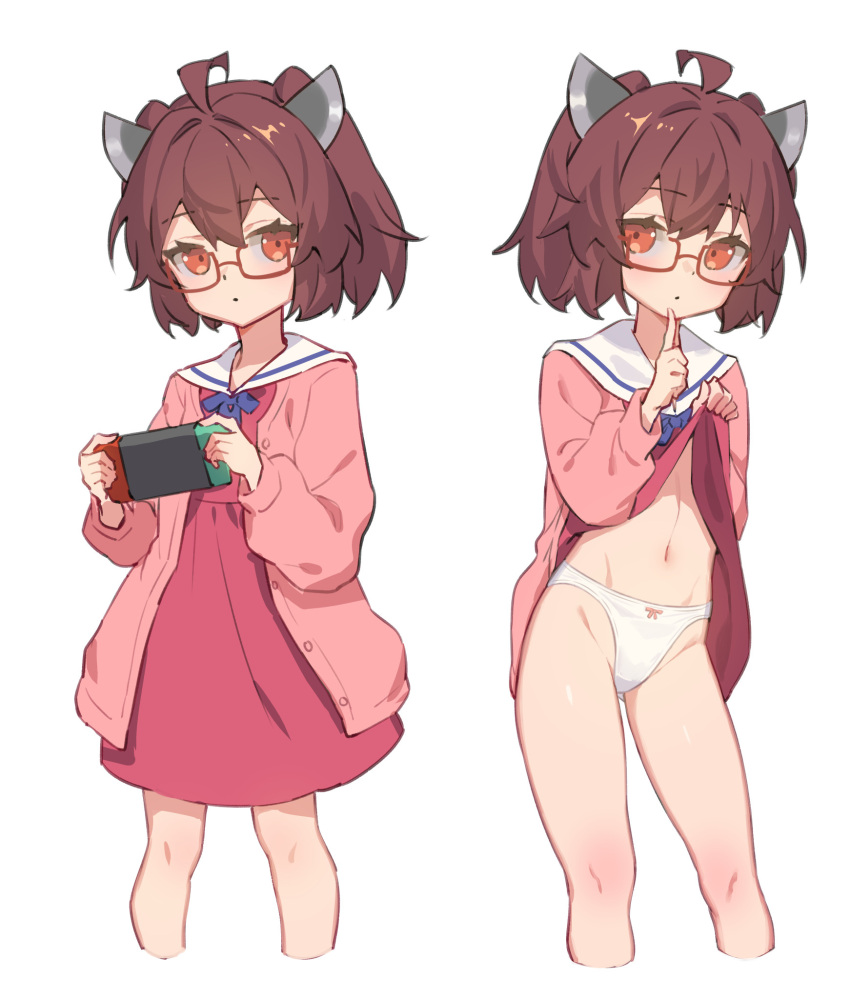 1girl ahoge bespectacled brown_hair buttons cardigan closed_mouth clothes_lift cropped_legs dress dress_lift feet_out_of_frame glasses hair_between_eyes handheld_game_console headgear highres holding holding_handheld_game_console lifted_by_self long_sleeves looking_at_viewer multiple_views nintendo_switch open_cardigan open_clothes orange_eyes panties pink_cardigan red-framed_eyewear red_dress sailor_collar sailor_dress short_hair simple_background touhoku_kiritan underwear voiceroid white_background white_panties white_sailor_collar yamamomo_(plank)