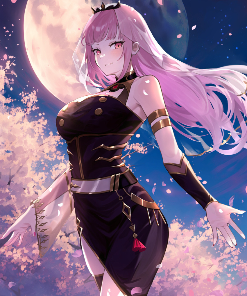 1girl \||/ armpit_crease bare_shoulders black_collar black_dress black_tiara blush bracer breasts cherry_blossoms collar commentary_request cowboy_shot detached_sleeves dress floating_hair gold_armlet gold_trim grin half_moon highres hololive hololive_english jewelry large_breasts long_hair looking_at_viewer maro2ki3 moon mori_calliope mori_calliope_(1st_costume) night night_sky pink_eyes pink_hair pink_nails red_tassel see-through see-through_sleeves side_slit sidelocks single_detached_sleeve sky sleeveless sleeveless_dress smile solo star_(sky) starry_sky teeth thick_eyelashes tiara tree very_long_hair virtual_youtuber white_veil