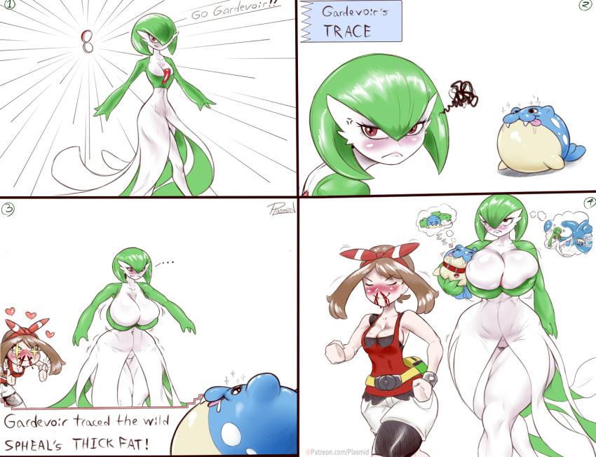 ... 2girls anger_vein aroused_nosebleed artist_name blue_skin blush bob_cut bow breasts brown_hair closed_eyes collar colored_skin dress drooling gardevoir green_hair hair_bow heart large_breasts may_(pokemon) mouth_drool multicolored_skin multiple_girls pink_eyes plasmid poke_ball pokemon pokemon_(creature) pokemon_ability red_bow red_shirt shirt shorts simple_background sleeveless sleeveless_shirt sparkling_eyes spheal thick_thighs thighs thought_bubble tongue tongue_out trace_(pokemon_ability) two-tone_skin white_background white_dress white_shorts white_skin