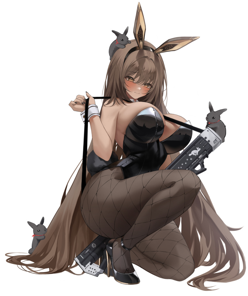 1girl absurdres animal_ears animal_on_head black_footwear black_leotard breasts brown_eyes brown_hair commentary dark-skinned_female dark_skin detached_collar fake_animal_ears fake_tail fishnet_pantyhose fishnets full_body goddess_of_victory:_nikke haku_(liiixixixiii) high_heels highres large_breasts leotard long_hair looking_down noir_(nikke) on_head on_one_knee over_shoulder pantyhose playboy_bunny rabbit rabbit_ears rabbit_tail simple_background solo strapless strapless_leotard tail very_long_hair weapon weapon_over_shoulder weapon_request white_background white_wrist_cuffs wrist_cuffs