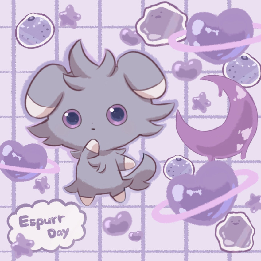 animal_focus berry_(pokemon) character_name closed_mouth commentary_request crescent ditto english_text espurr grey_fur grid_background heart highres no_humans pokemon pokemon_(creature) purple_background purple_eyes purple_theme simple_background star_(symbol) suimin_ap_(aroniumu) tail