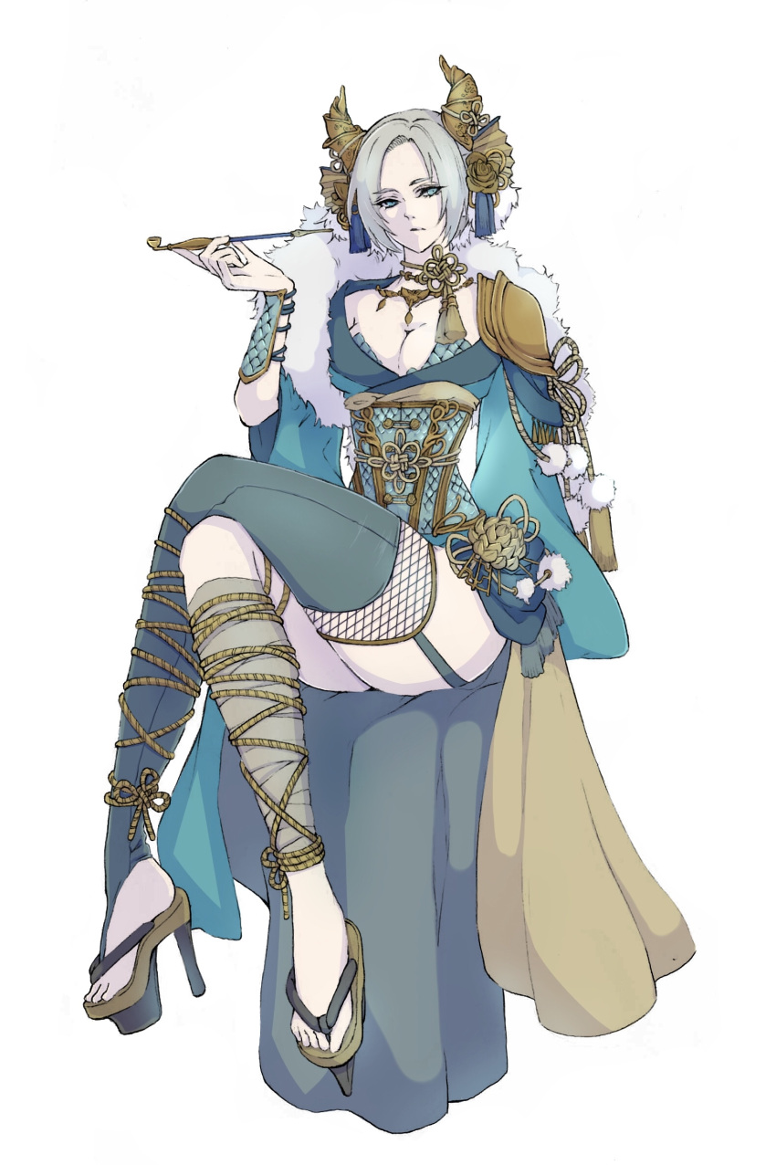 1girl armor bandaged_leg bandages blue_eyes breasts choker cleavage closed_mouth commentary_request corset crossed_legs dress expressionless fake_horns flower full_body fur-trimmed_dress fur_trim garter_straps golden_rose grey_hair highres holding holding_smoking_pipe horns japanese_clothes jewelry looking_at_viewer lotus medium_breasts monster_hunter_(series) necklace okobo pale_skin ribbon_choker ruri_(ruriblackrose001) sandals shoulder_armor simple_background single_bracer sitting smoking_pipe solo tassel white_background zinogre