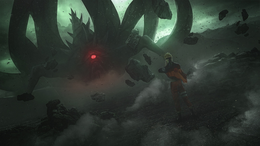 1boy battle black_footwear black_headband blonde_hair cloud cloudy_sky cyclops debris dust from_behind giant giant_monster headband highres juubi_(naruto) monster mountainous_horizon multiple_tails naruto naruto_(series) naruto_shippuuden ninja one-eyed open_mouth orange_pants pants red_eyes rinne_sharingan rock rubble sharp_teeth short_hair sky solo spiked_tail spikes spiral standing tail tanis_teau teeth uzumaki_naruto