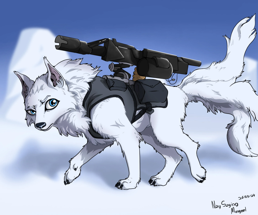 3_tails absurd_res alien ambiguous_gender arctic_fox blue_eyes canid canine feral fluffy fox fur gun harness hi_res jaslip_(the_nature_of_predators) mammal multi_tail naysayingmongrel quadruped ranged_weapon snow solo tail the_nature_of_predators true_fox weapon white_body white_fur