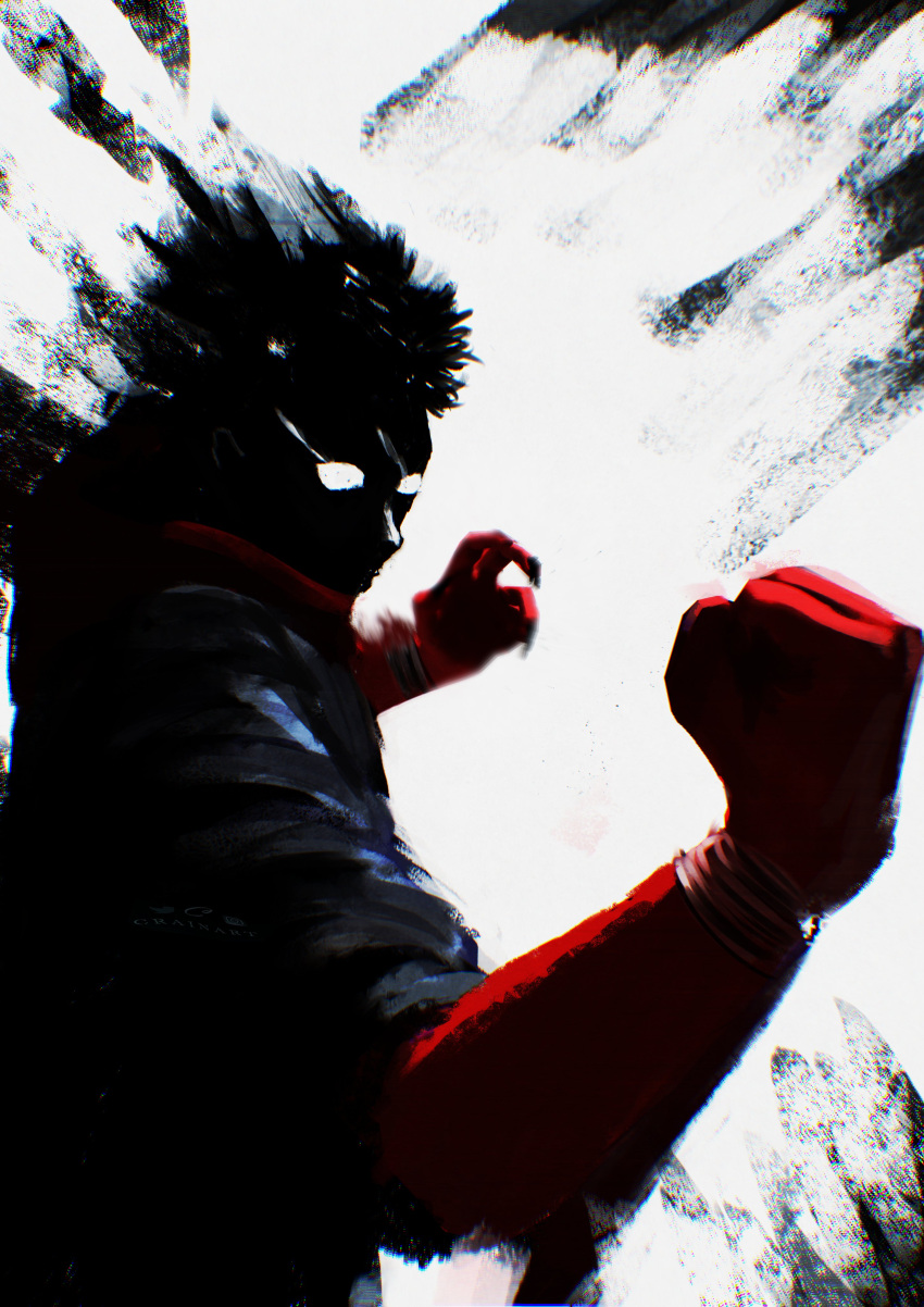 1boy absurdres blank_eyes chromatic_aberration clenched_hand crain1art eye_trail facing_to_the_side fighting_stance from_side gakuran hand_up highres hood hood_down hoodie instagram_logo itadori_yuuji jujutsu_kaisen jujutsu_tech_uniform light_trail male_focus painterly red_hands red_hoodie school_uniform shaded_face short_hair sleeves_rolled_up solo spiked_hair twitter_logo twitter_username upper_body white_background