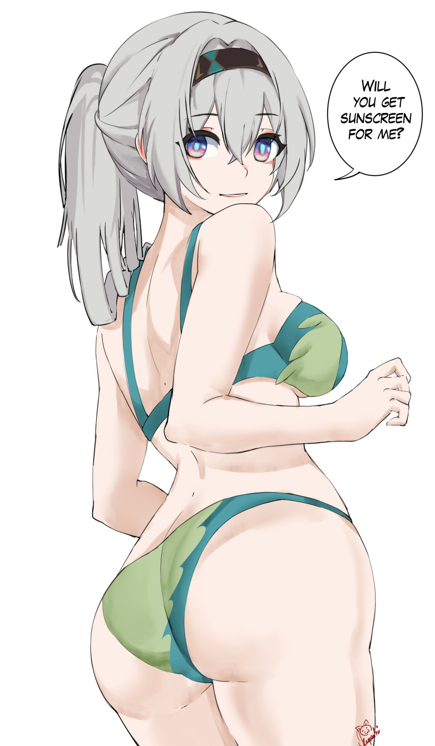 1girl absurdres ass bare_arms bare_shoulders bikini breasts commentary cowboy_shot firefly_(honkai:_star_rail) green_bikini grey_hair grin highres honkai:_star_rail honkai_(series) kagurachi long_hair looking_at_viewer medium_breasts ponytail purple_eyes sidelocks simple_background smile solo speech_bubble standing swimsuit thighs white_background