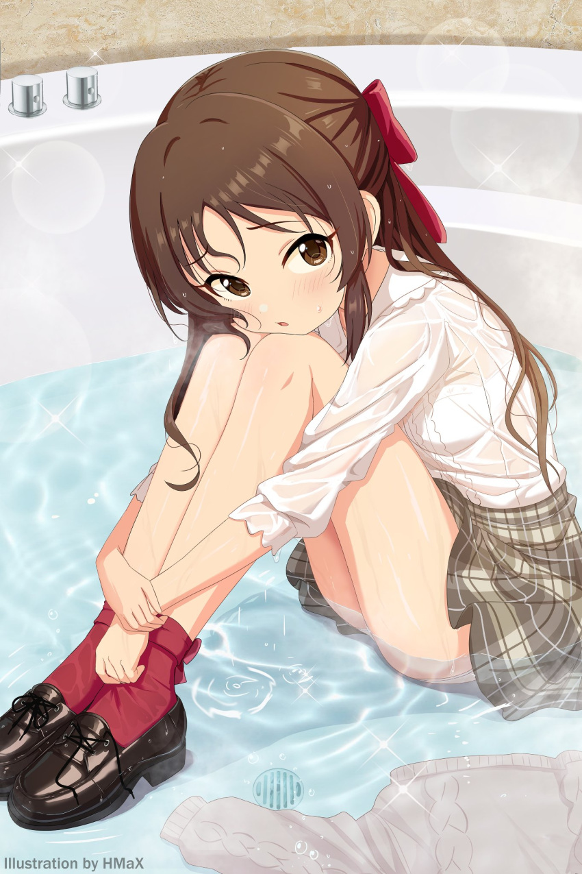 1girl ass bathtub black_footwear blush bow bra breasts brown_eyes brown_hair brown_skirt checkered_clothes checkered_skirt cheek_press chestnut_mouth commentary_request hair_bow head_rest highres hmax hugging_own_legs idolmaster idolmaster_cinderella_girls idolmaster_cinderella_girls_starlight_stage legs long_hair long_sleeves looking_at_viewer miniskirt panties panty_peek red_bow red_socks see-through see-through_shirt shirt shoes sidelocks sitting skirt small_breasts socks solo sparkle sweat tachibana_arisu thighs underwear untied_footwear water wet wet_clothes wet_hair wet_shirt wet_skirt white_bra white_panties white_shirt