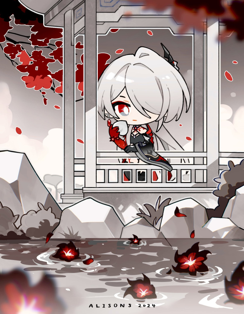 1girl acheron_(honkai:_star_rail) aixixixixi artist_name black_choker black_gloves chibi chibi_only choker cloud detached_sleeves falling_petals flower flower_on_liquid food fruit gloves grass hair_over_one_eye highres holding holding_food holding_fruit honkai:_star_rail honkai_(series) long_hair partially_colored peach petals red_eyes red_flower red_hair ripples rock single_bare_shoulder solo standing tree water