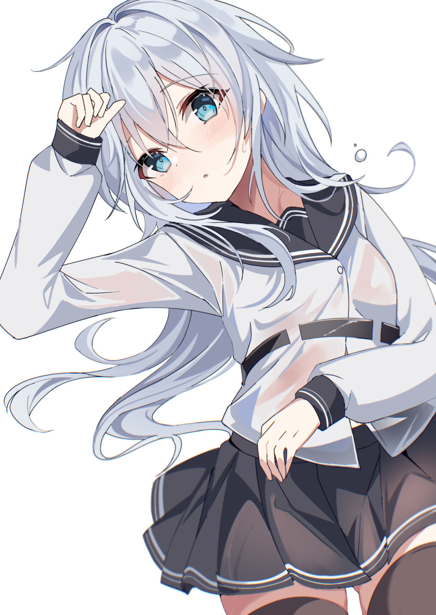 1girl black_sailor_collar black_skirt black_thighhighs blue_eyes blush breasts cowboy_shot fathom grey_hair hair_between_eyes hibiki_(kancolle) highres kantai_collection long_hair long_sleeves looking_at_viewer no_headwear parted_lips pleated_skirt sailor_collar sailor_shirt see-through see-through_shirt shirt simple_background skirt small_breasts solo thighhighs verniy_(kancolle) wet wet_clothes wet_shirt white_background white_shirt