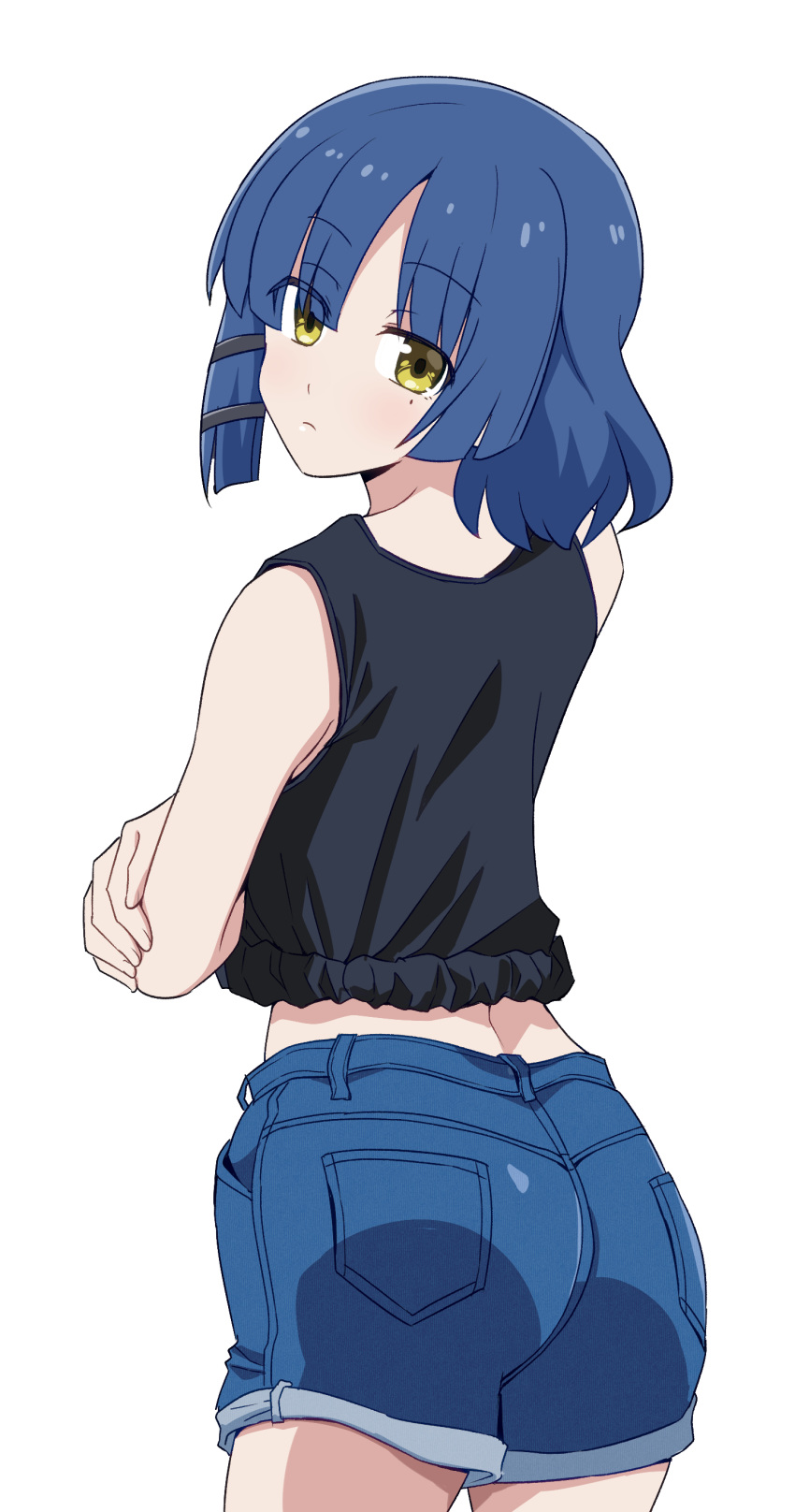 1girl absurdres black_tank_top blue_hair bocchi_the_rock! denim denim_shorts highres looking_at_viewer mole mole_under_eye ponzu_rui shorts solo standing tank_top yamada_ryo yellow_eyes