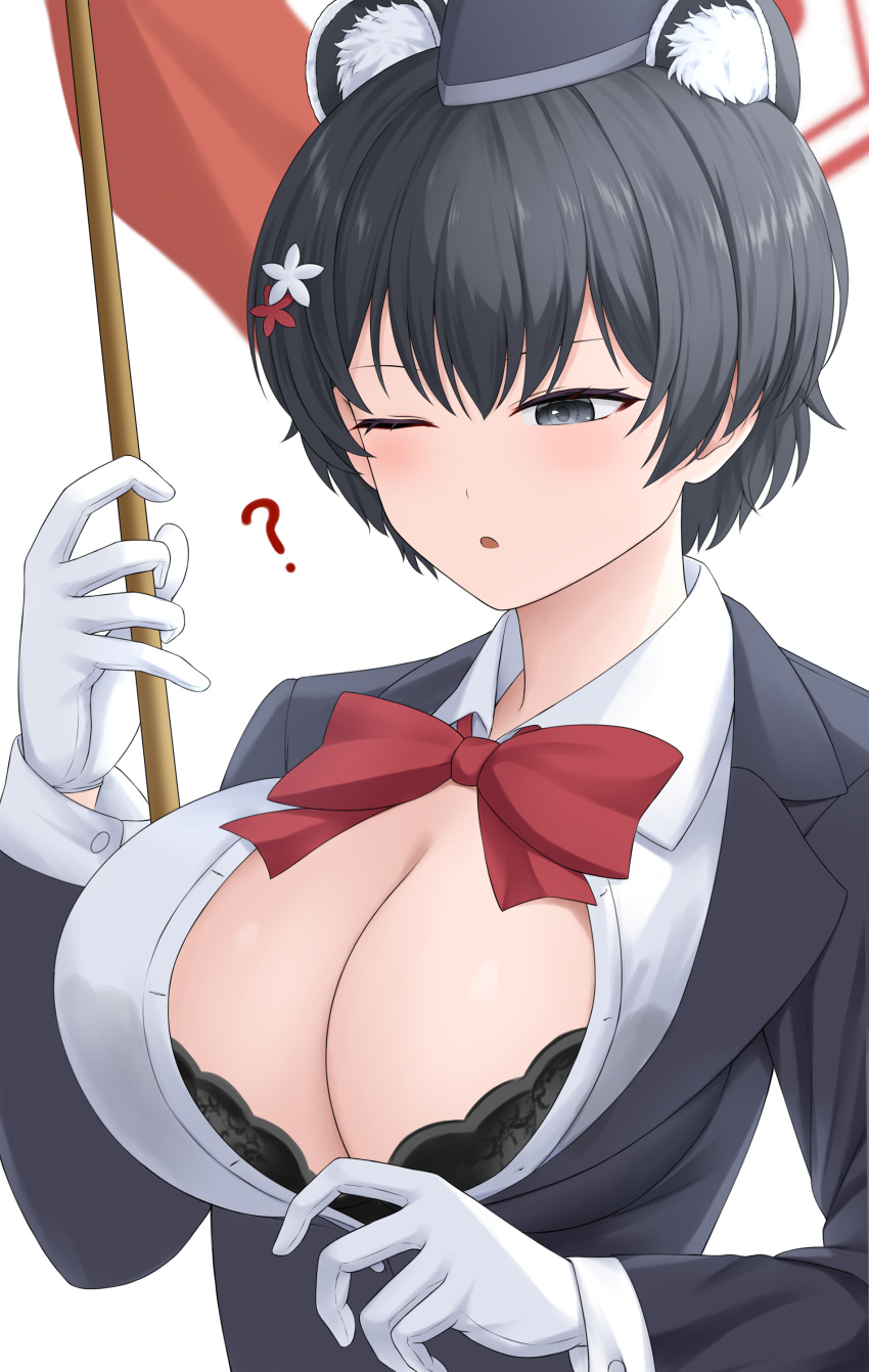 1girl ? absurdres animal_ears black_bra black_eyes black_hair black_hat blue_archive blush bow bowtie bra breasts chien_zero cleavage collared_shirt extra_ears flag gloves hair_ornament halo hat highres holding holding_flag large_breasts long_sleeves official_alternate_costume one_eye_closed open_mouth red_bow red_bowtie red_halo shirt short_hair simple_background solo tour_guide tsubaki_(blue_archive) tsubaki_(guide)_(blue_archive) underwear upper_body white_background white_gloves white_shirt