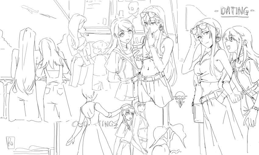 2boys 3girls absurdres aircraft airplane bag belt bubble_tea camisole child choker cloud commentary crop_top drink earrings english_commentary english_text food_truck greyscale handbag highres holding holding_drink jewelry kaleido_star layla_hamilton long_hair looking_at_another mannequin midriff monochrome multiple_boys multiple_girls naegino_sora open_mouth outdoors rekari_(rekari628) shop smile spaghetti_strap sunglasses yuri