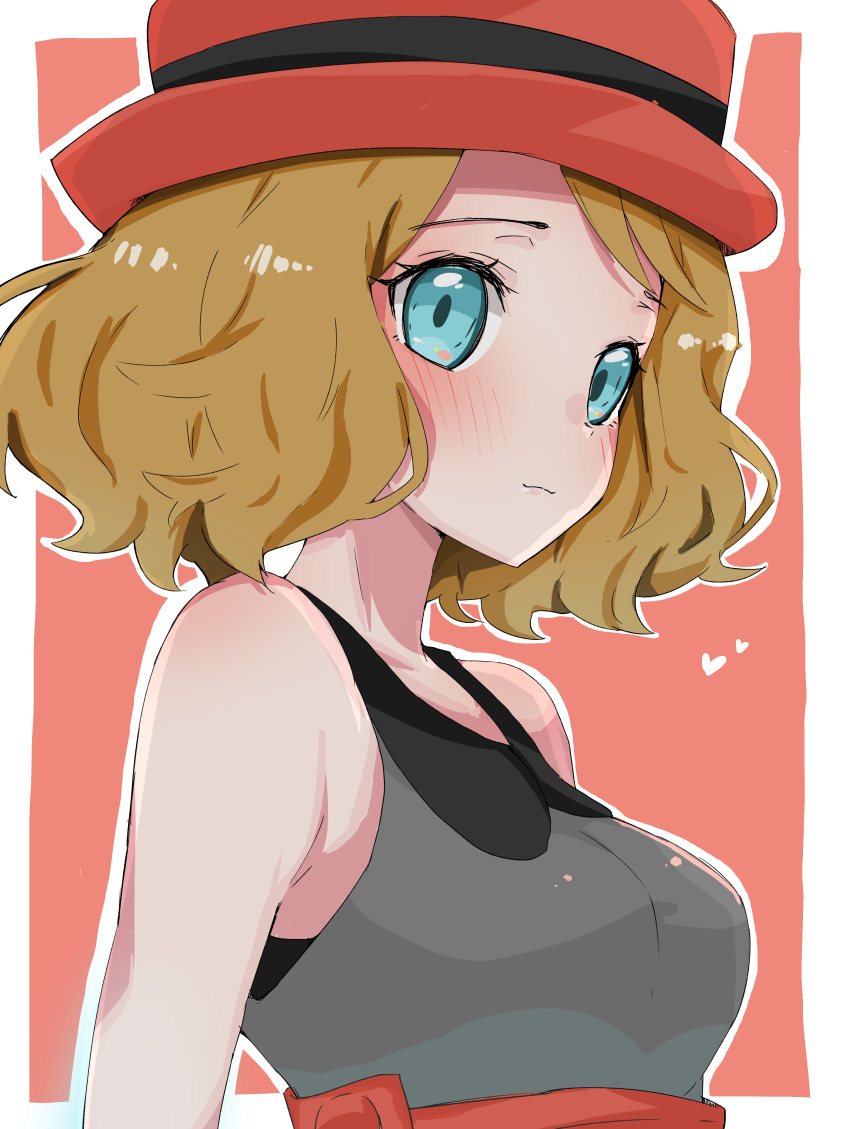 1girl absurdres aqua_eyes blush border breasts brown_hair closed_mouth collared_shirt commentary_request eyelashes grey_shirt hat heart highres medium_hair monmon_(monmon_k18) outline pokemon pokemon_xy red_hat serena_(pokemon) shirt sleeveless sleeveless_shirt solo upper_body