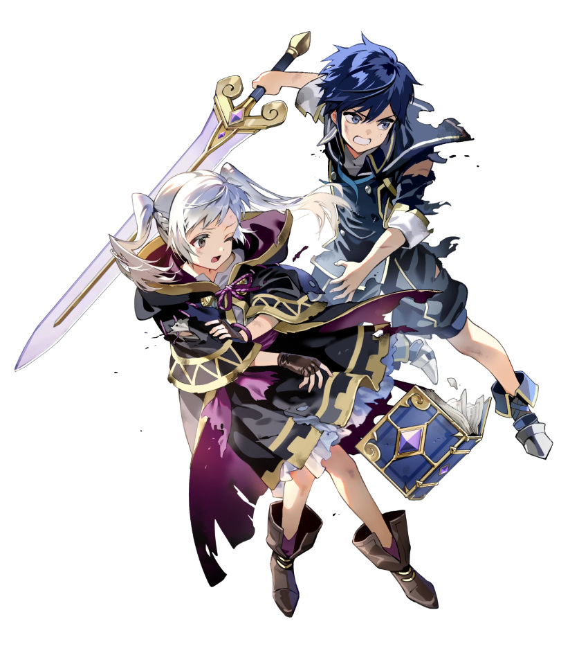 1boy 1girl aged_down black_coat black_gloves blue_eyes blue_hair braid chrom_(child)_(fire_emblem) chrom_(fire_emblem) clenched_teeth coat damaged fingerless_gloves fire_emblem fire_emblem_awakening fire_emblem_heroes gloves grey_eyes highres holding holding_sword holding_weapon non-web_source one_eye_closed open_mouth robin_(female)_(child)_(fire_emblem) robin_(female)_(fire_emblem) robin_(fire_emblem) sword teeth torn_clothes torn_coat twintails weapon white_hair