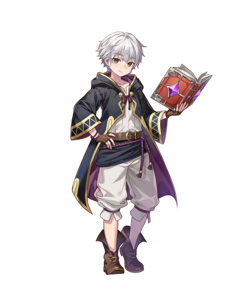 1boy aged_down black_coat book brown_gloves brown_hair coat fingerless_gloves fire_emblem fire_emblem_awakening fire_emblem_heroes gloves highres holding holding_book looking_at_viewer non-web_source open_book robin_(fire_emblem) robin_(male)_(child)_(fire_emblem) robin_(male)_(fire_emblem) smile solo tachi-e tagme white_hair