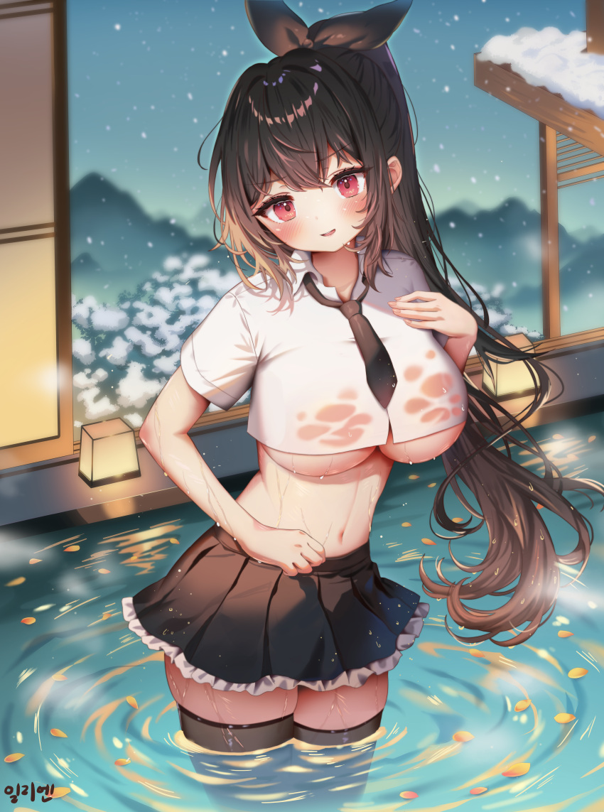 1girl absurdres arme_(cgsy7484) black_skirt black_thighhighs breasts brown_hair collared_shirt commission hair_between_eyes hair_ribbon highres korean_commentary light long_hair looking_at_viewer mountain navel night onsen original petals petals_on_liquid ponytail red_eyes ribbon school_uniform shirt sidelocks skirt smile snow standing thighhighs thighs tree underboob very_long_hair wading wet wet_clothes wet_shirt white_shirt zettai_ryouiki