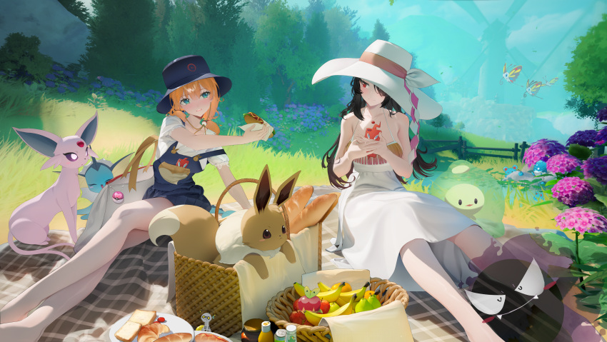 2girls absurdres apple applin azurill banana bare_shoulders beautifly black_hair blue_eyes blue_hat blue_skirt blue_sky bread bread_slice breasts bucket_hat closed_mouth collarbone croissant day dingding_(chongsangjun) dress duosion eevee english_commentary espeon fence flower food frown fruit gastly grass hair_over_one_eye hat hat_ribbon highres hot_dog hydrangea large_breasts leg_focus legs long_hair looking_at_another low_twintails marill medium_hair multiple_girls nature open_mouth orange_hair original outdoors pantyhose picnic picnic_basket picnic_blanket pokemon pokemon_(creature) red_eyes ribbon rotom rotom_phone scenery shirt skirt sky sleeveless sleeveless_dress smile sunlight suspender_skirt suspenders toast tree twintails vaporeon white_dress white_hat white_pantyhose white_shirt wooden_fence