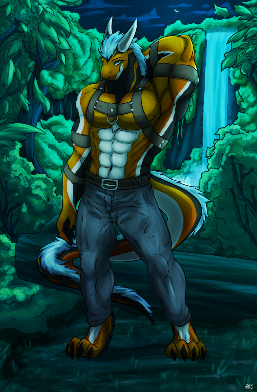 2024 abs anthro arthropod_abdomen belt biceps big_muscles black_body black_fur blue_bottomwear blue_clothing blue_eyes blue_hair blue_pants bottomwear clothing detailed_background digital_media_(artwork) digital_painting_(artwork) digitigrade dragon eastern_dragon flexing flexing_bicep forest full-length_portrait fur furred_dragon hair harness hi_res horn long_tail lumiap2l male multi_tone_fur muscular muscular_anthro muscular_male mythological_creature mythological_scalie mythology night orange_body orange_fur pants pecs plant portrait scalie shirtless solo tail tree waterfall wavy_tail white_abdomen white_body white_fur