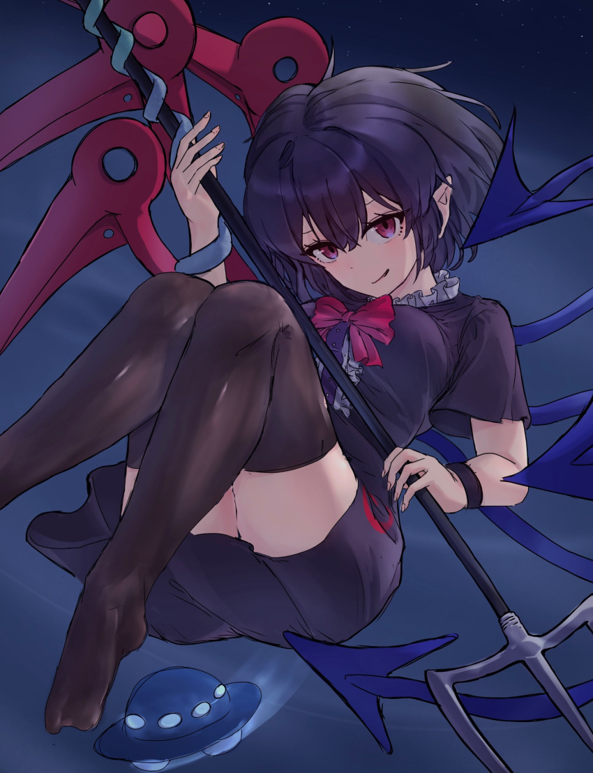 1girl asymmetrical_wings black_dress black_hair black_thighhighs black_wristband blue_wings breasts dress highres holding_trident houjuu_nue medium_breasts no_shoes pointy_ears polearm red_eyes red_wings short_dress short_hair smile snake solo thighhighs touhou trident ufo weapon wings